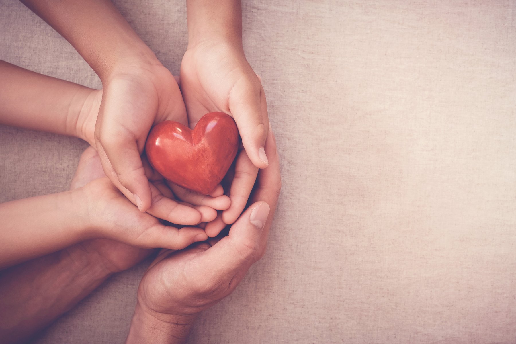 hands holding red heart, health insurance, donation concept